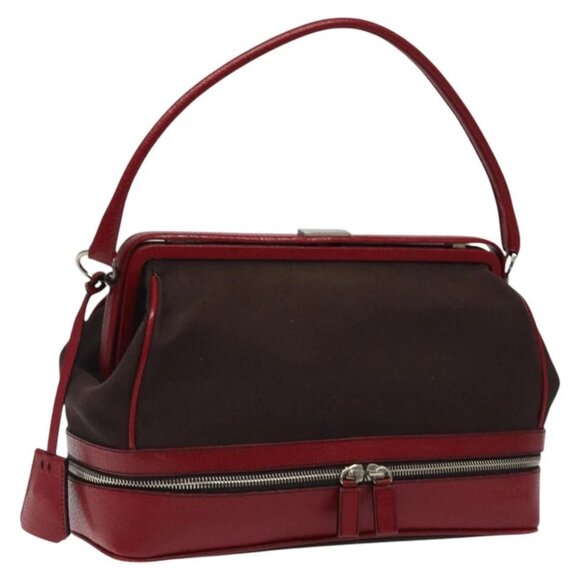 PRADA Shoulder Bag Canvas Leather Brown Silver - Picture 1 of 16